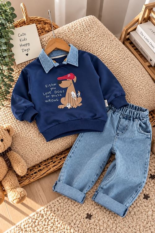 Dogs Çıkarılabilir Yaka Detaylı Erkek Bebek Takım - Lacivert