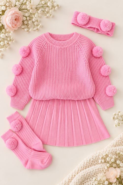 Pon Pon Detaylı Triko Etekli Kız Çocuk 3 lü Takım - Pembe