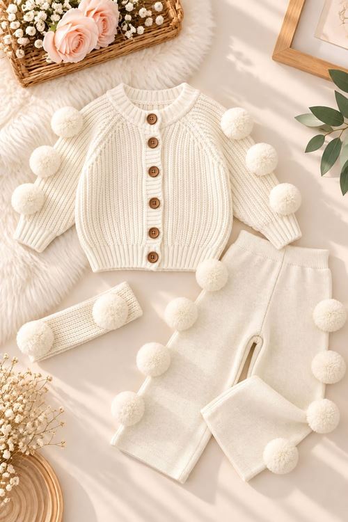 Pon Pon Detaylı Triko Pantolonlu Kız Çocuk 3 lü Takım - Krem