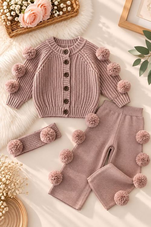 Pon Pon Detaylı Triko Pantolonlu Kız Çocuk 3 lü Takım - Pudra
