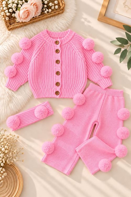Pon Pon Detaylı Triko Pantolonlu Kız Çocuk 3 lü Takım - Pembe