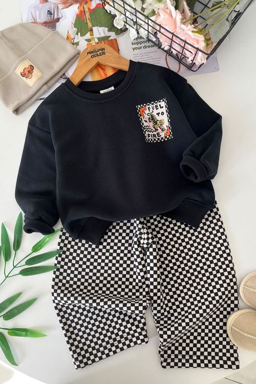 Dama Desenli Pantolonlu Kaplan Baskılı Sweatshirt Erkek Çocuk 2’li Takım - Antrasit