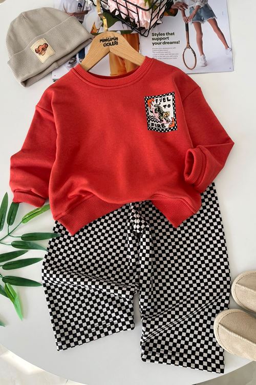 Dama Desenli Pantolonlu Kaplan Baskılı Sweatshirt Erkek Çocuk 2’li Takım - Kiremit