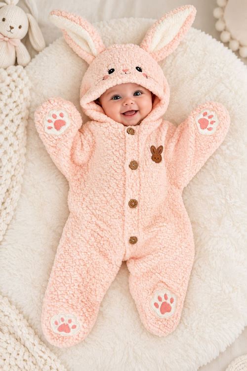 Tavşan Kulaklı Pati Detaylı Peluş Kız Bebek Kozmonot Tulum - Somon
