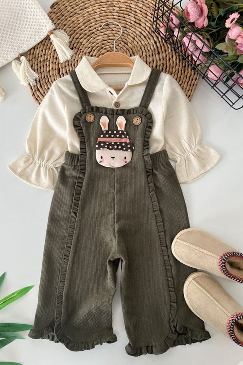 Tavşan Aplikeli Fırfır Detaylı Kadife Salopetli Kız Bebek 2’li Takım - Yeşil