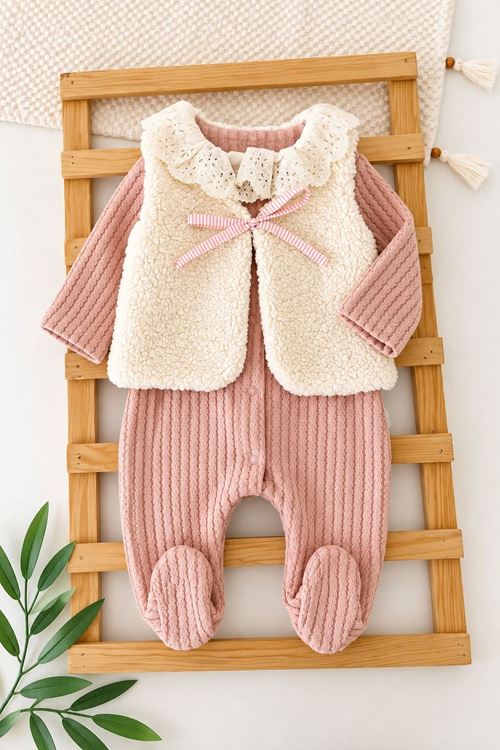 Dantel Yaka Detaylı Peluş Yelekli Kız Bebek 2’li Tulum Takım - Pembe
