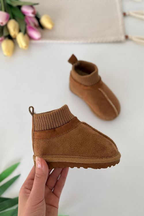 İçi Kürklü Çorap Detaylı Süet Unisex Çocuk Botu - Taba