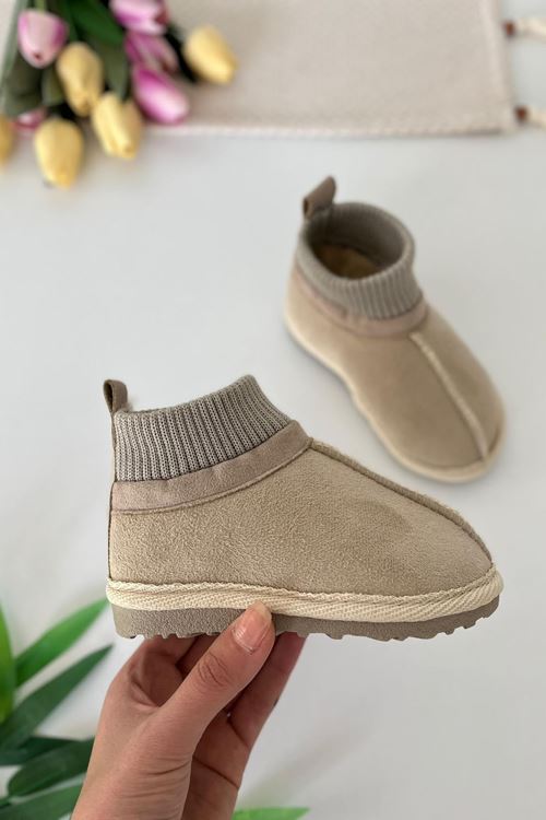 İçi Kürklü Çorap Detaylı Süet Unisex Çocuk Botu - Bej