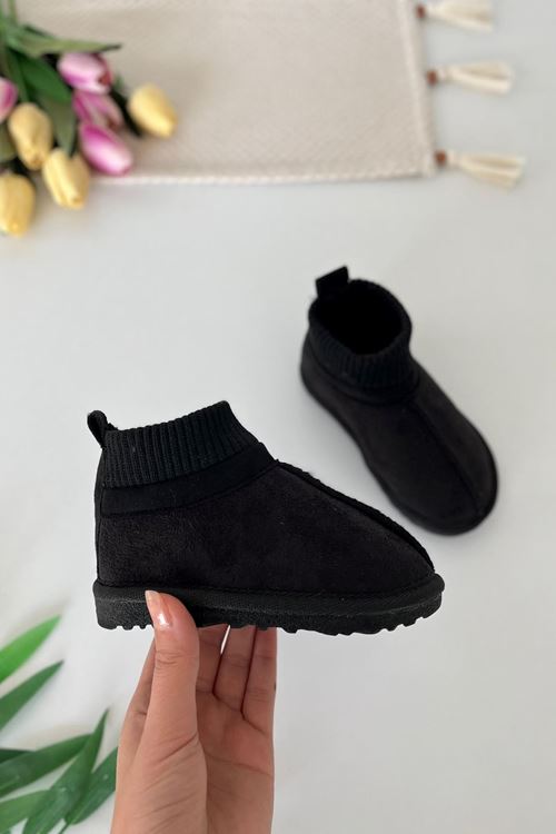 İçi Kürklü Çorap Detaylı Süet Unisex Çocuk Botu - Siyah