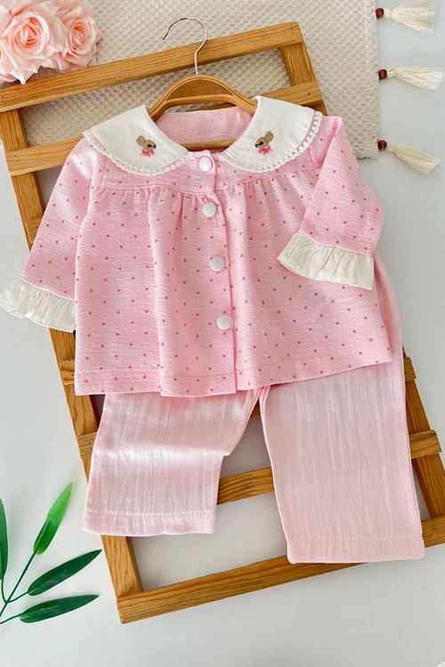 Yaka Tavşan Nakış Detaylı Puantiyeli Kız Bebek 2 li Takım - Pembe