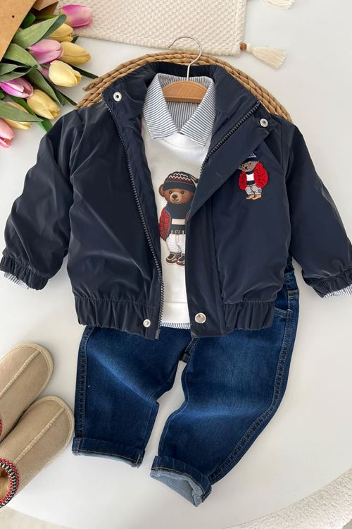 Ayıcık Panç Nakışlı Montlu Erkek Bebek 4’lü Kot Takım - Siyah