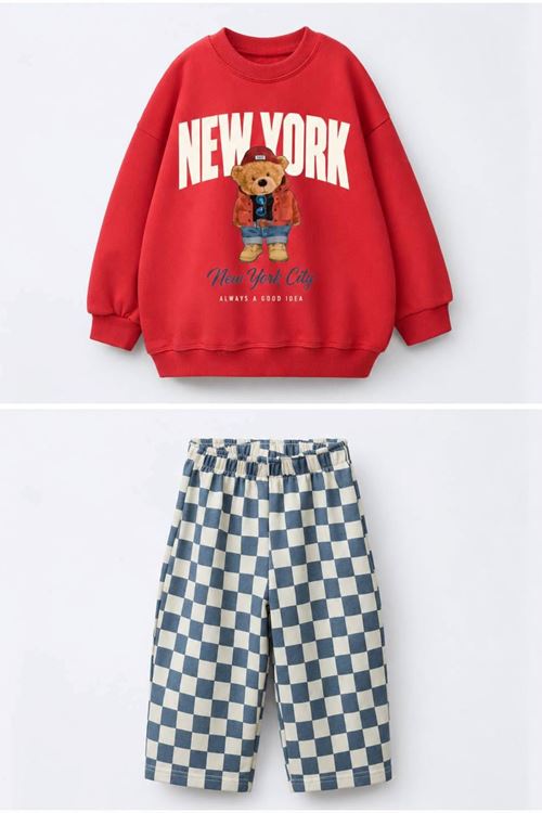 New York Bear Detaylı Damalı Unisex Çocuk Takım - Kırmızı