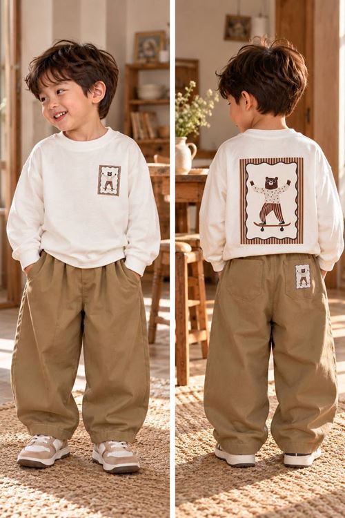 Kaykaycı Ayıcık Baskılı Sweatshirt ve Bol Paça Pantolon Erkek Çocuk 2’li Takım - Ekru