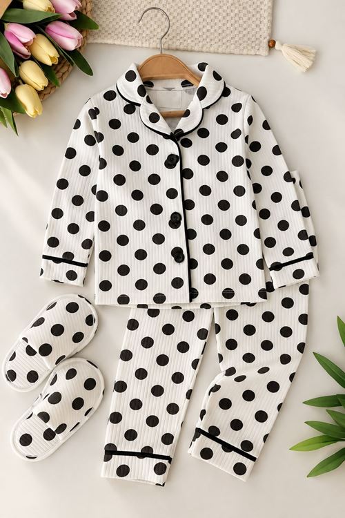 Puantiye Desenli Terlikli Kız Çocuk 3 lü Pijama Takımı - Beyaz