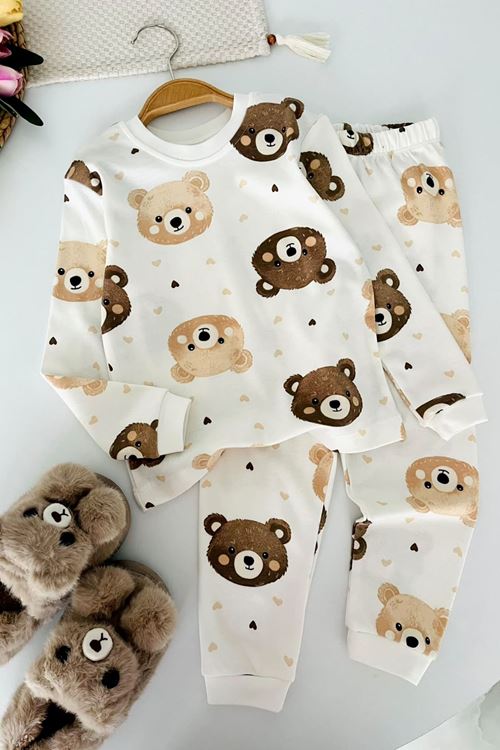 Ayıcık Baskılı Pamuklu Unisex Çocuk Pijama Takımı - Kahverengi