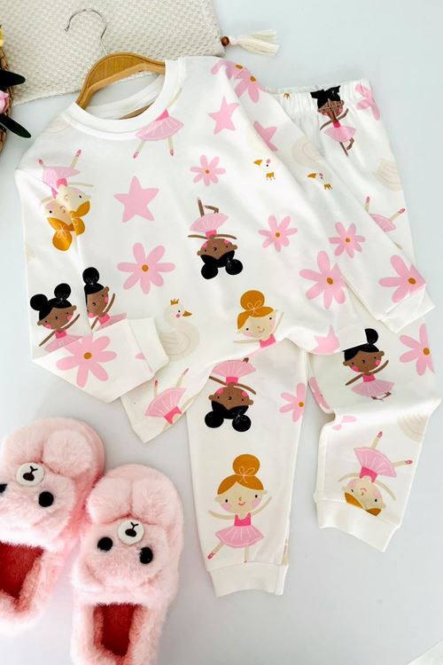 Dans Eden Figür Baskılı Pamuklu Kız Çocuk Pijama Takımı - Pembe