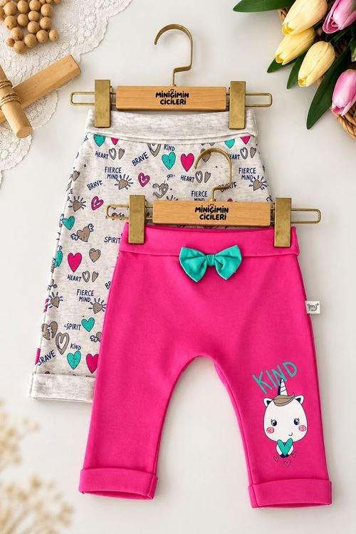 Baskılı Fiyonklu Kız Bebek 2’li Tek Alt Pantolon Seti - Fuşya