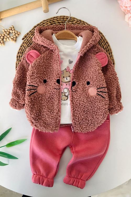 Kedi Figürlü Peluş Ceketli, Baskılı Tişörtlü ve Fırfır Paçalı Kız Bebek 3’lü Takım - Gül Kurusu