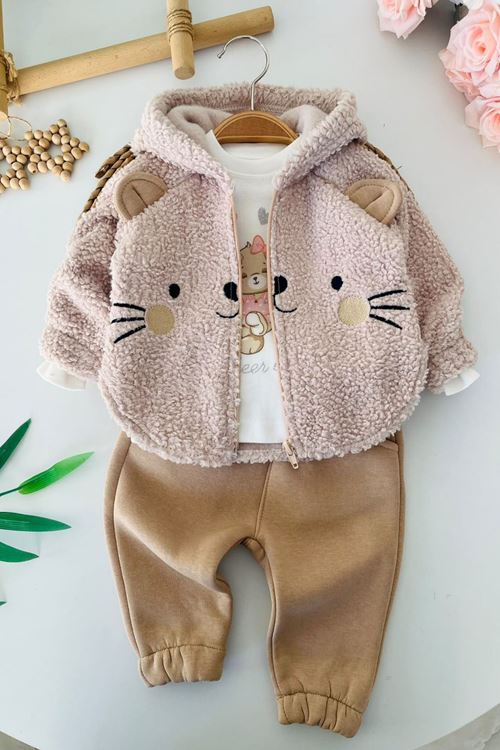 Kedi Figürlü Peluş Ceketli, Baskılı Tişörtlü ve Fırfır Paçalı Kız Bebek 3’lü Takım - Bej