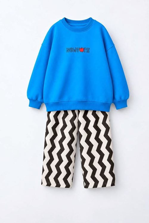 New York Nakışlı Oversize Sweatshirt ve Zikzak Desenli Pantolonlu Erkek Çocuk 2’li Takım - Mavi