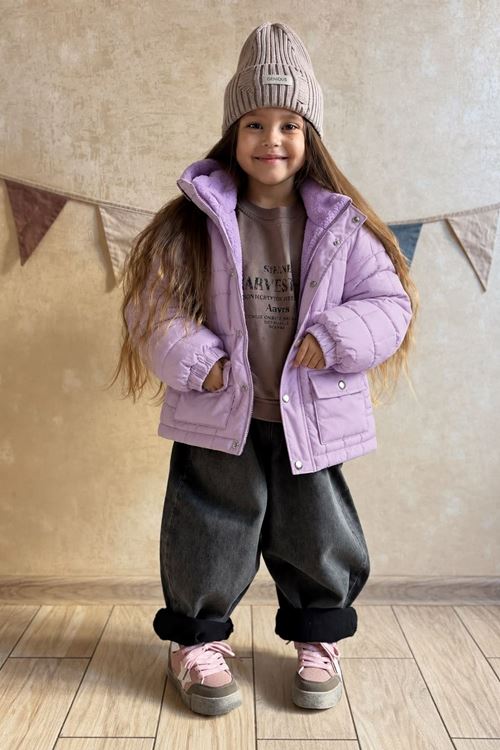 Kapüşonlu İçi Peluş Astarlı Kapitone Kız Çocuk Mont - Lila