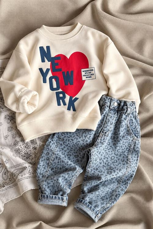Kalp Detaylı Leopar Pantolonlu Unisex Çocuk Takım - Bej