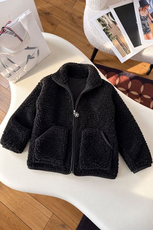 Peluş Yakalı Fermuarlı Unisex Çocuk Montu - Siyah