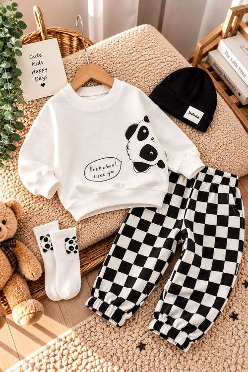Panda Baskılı Mevsimlik 4 lü Erkek Bebek Takım - Siyah