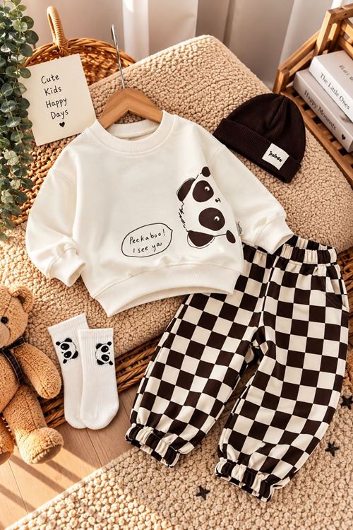 Panda Baskılı Mevsimlik 4 lü Erkek Bebek Takım - Kahverengi