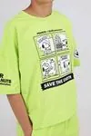 Yeşil Oversize Bisiklet Yaka Kısa Kollu Baskılı Şortlu  Erkek Çocuk Takım