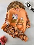 Miniğimin Cicileri Hello Friends Baskılı Leopar Desen Kız Çocuk Kışlık Takım - Turuncu