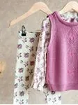 Miniğimin Cicileri Triko Çiçekli 3 lü Tarz Kız Çocuk Taytlı  Takım - Pembe