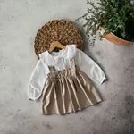 Miniğimin Cicileri Deri Salopet Elbise Ve Gömlek 2 li Kız Çocuk Takım - Bej