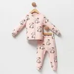 Miniğimin Cicileri Ayıcık Baskılı Kız Çocuk Pamuk 2 li Pijama Takımı - Pembe
