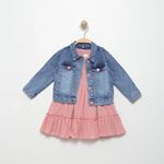 Miniğimin Cicileri Kot Ceketli Renkli Pamuk Keten Kız Elbise 2'li Takım - Pembe