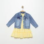 Miniğimin Cicileri Kot Ceketli Renkli Pamuk Keten Kız Elbise 2'li Takım - Sarı