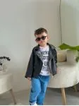 Miniğimin Cicileri Deri Ceketli Asimetrik 3'lü Erkek Çocuk Kotlu Takım - Siyah