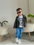 Miniğimin Cicileri Deri Ceketli Asimetrik 3'lü Erkek Çocuk Kotlu Takım - Siyah