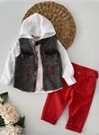 Miniğimin Cicileri Yelekli Kapüşünlu Kot 3 lü Erkek Çocuk Takım - Kırmızı