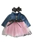 Miniğimin Cicileri Kot Tütülü Kız Bebek Elbise Bandana - Pembe