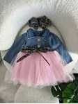 Miniğimin Cicileri Kot Tütülü Kız Bebek Elbise Bandana - Pembe