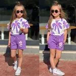 Miniğimin Cicileri Palm Tree Şortlu Pamuklu Penye Kız Takım - Lila