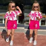 Miniğimin Cicileri Palm Tree Şortlu Pamuklu Penye Kız Takım - Fuşya