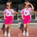 Miniğimin Cicileri Summer Meyve Baskılı  Şortlu Pamuklu Penye Kız Takım - Fuşya