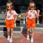 Miniğimin Cicileri Summer Meyve Baskılı  Şortlu Pamuklu Penye Kız Takım - Oranj