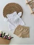 Miniğimin Cicileri Volanlı Kız Bebek Düğmeli Şortlu Takım - Beyaz-Bej