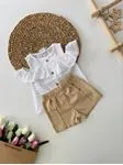 Miniğimin Cicileri Volanlı Kız Bebek Düğmeli Şortlu Takım - Beyaz-Bej