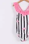Miniğimin Cicileri Flamingo Çizgi  Desenli Volanlı Kız Çocuk Mayo - Pembe