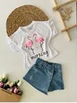 Miniğimin Cicileri Morning Flamingo Kot Şort Etekli 2 li Takım - Beyaz-Mavi