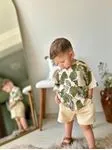 Miniğimin Cicileri Yaprak Desenli Müslin Şortlu Erkek Çocuk 2 li Takım - Krem-Yeşil